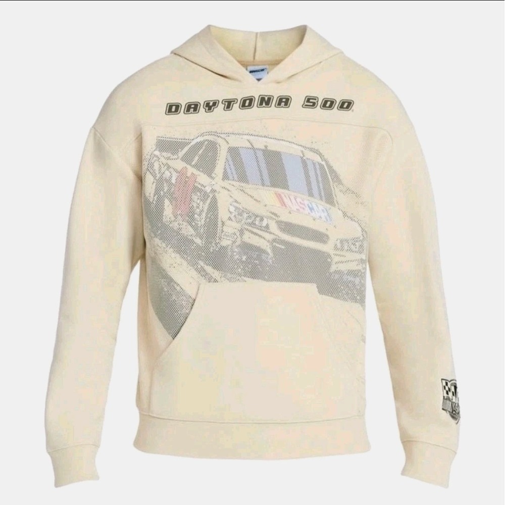 NASCAR Daytona 500 Hoodie Men Large Birch Cream Mesh Graphic Sweatshirt XS